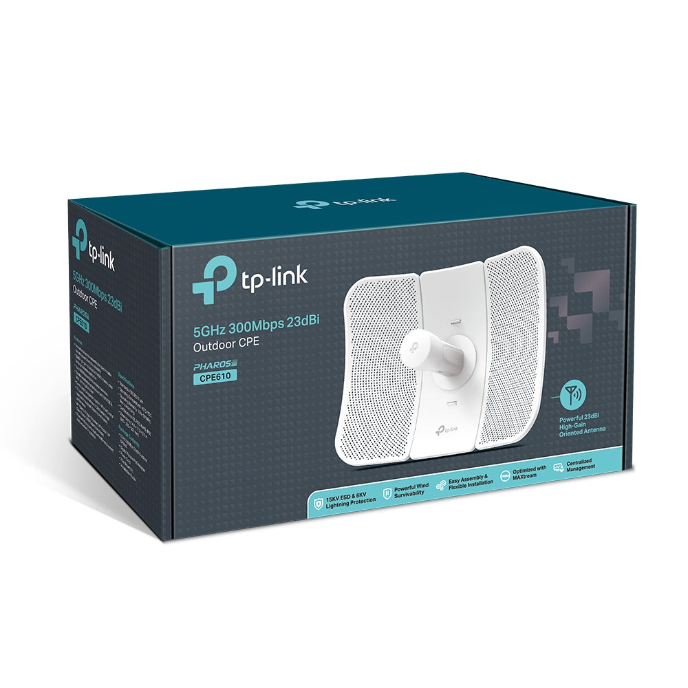 TP-Link CPE610 5GHz 300Mbps 23dBi Outdoor CPE | High-Gain Directional 2×2 MIMO Antenna TP-Link CPE610 5GHz 300Mbps 23dBi Outdoor CPE | High-Gain Directional 2×2 MIMO Antenna